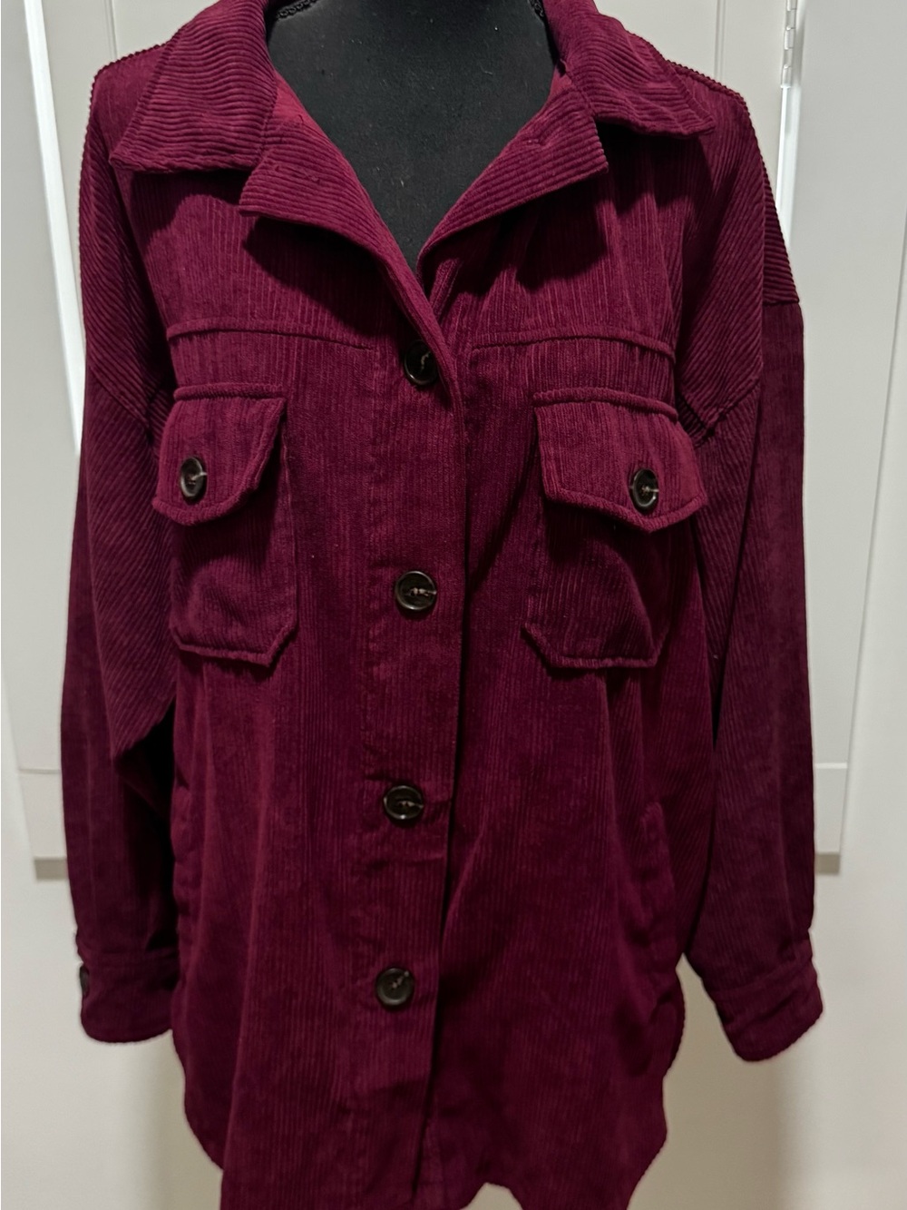 Zenana Outfitters Corduroy Button-Up Jacket in Deep Burgundy. Side Pockets